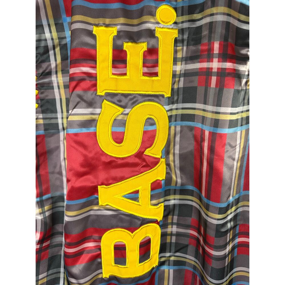 BASE. red plaid bomber jacket with yellow baseball-themed embellishments Size M - Picture 4 of 7
